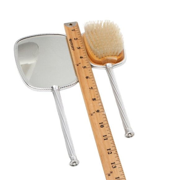 Vintage Vanity Dressing Table Brush Mirror Set England Metal Silver Wood - Picture 4 of 13